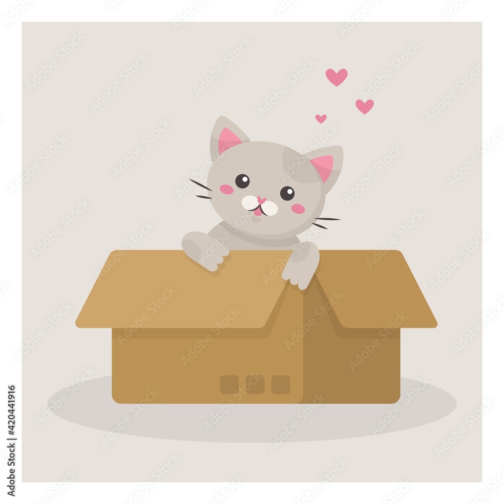 A small gray kitten sits in a cardboard box on light background. Homeless animal problem, Animal shelter concept. Stock vector illustration for web and print.