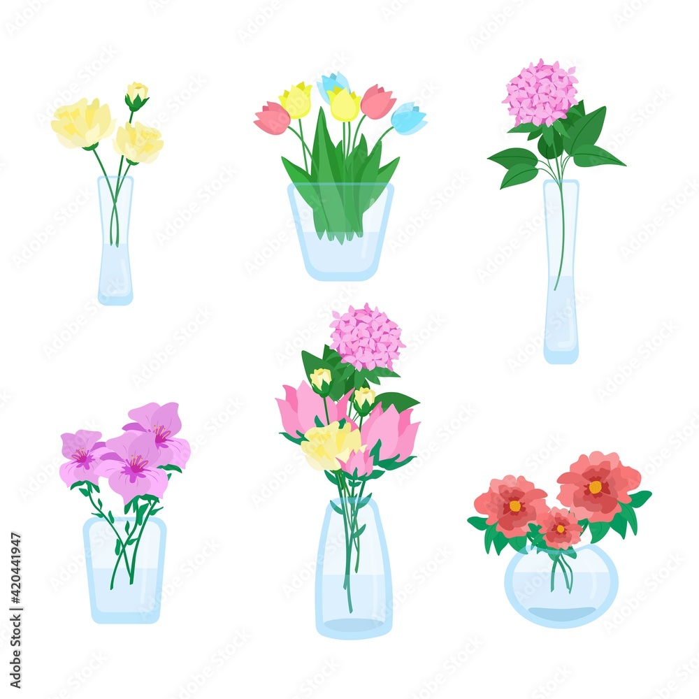 Fototapeta Set of different bouquets of flowers in vases of different shapes, beautiful flowers, glass minimalist vases, vector illustration in flat style.