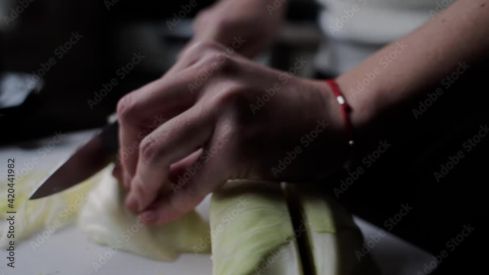 cut the cabbage with a knife on the board on the table cut the cabbage with a knife on the board on the table