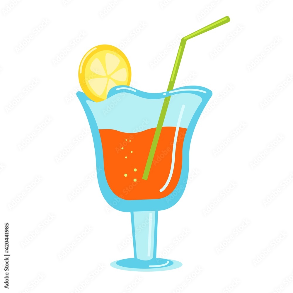 Bright summer cocktail in a glass wine glass with a beautiful slice of lemon, beach cocktail with a straw, vector clip art on a colored background in a flat style. Bright summer cocktail in a glass wine glass with a beautiful slice of lemon, beach cocktail with a straw, vector clip art on a colored background in a flat style.