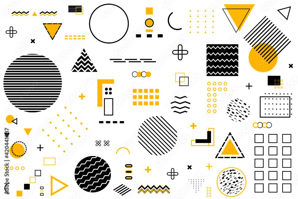 Geometric shapes memphis design. Retro elements for web advertisement, commercial banner, wallpaper, cover, poster, leaflet, billboard. Yellow, black and white collection vector geometric shapes set