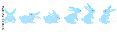 A set of cute blue rabbits. Six colored sitting and recumbent bunnies on a white background. Festive Easter bunnies. Vector illustration
