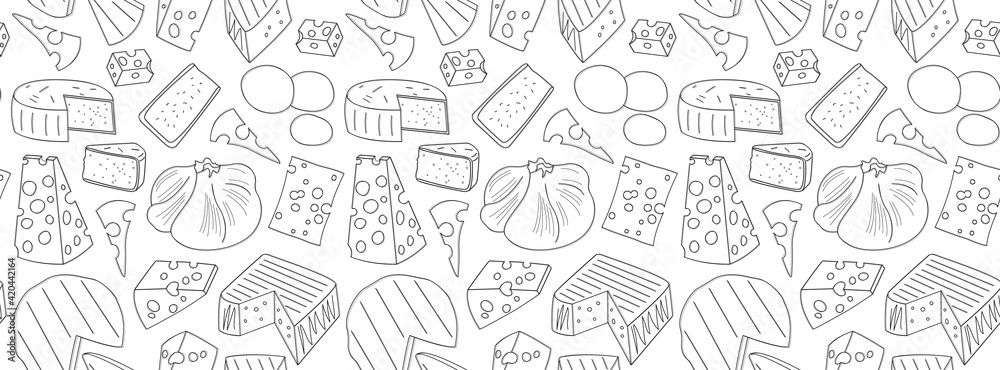 Black and white seamless pattern with different varieties and types of cheese. Background for design business concepts and advertising. Cover for cookbook, menu, brochure, catalog. For sites, articles