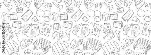 Fototapeta Naklejka Na Ścianę i Meble -  Black and white seamless pattern with different varieties and types of cheese. Background for design business concepts and advertising. Cover for cookbook, menu, brochure, catalog. For sites, articles
