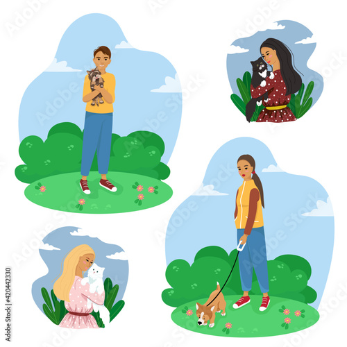 Happy pet owners, set with people and pets, cats, dogs, vector illustration in flat style.