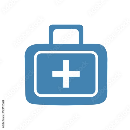 Travel first aid kit, blue medical bag with white cross and set of medicines, vector objects in flat style.
