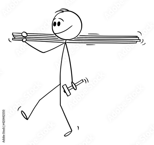 Man Carrying Wood Boards or Planks and Hammer, Vector Cartoon Stick Figure Illustration