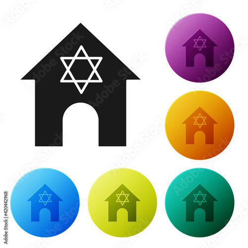 Black Jewish synagogue building or jewish temple icon isolated on white background. Hebrew or judaism construction with David star. Set icons in color circle buttons. Vector