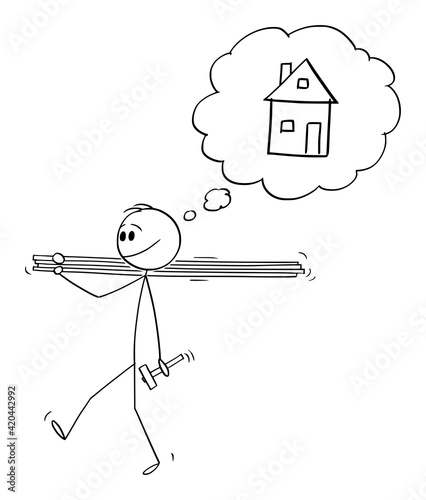 Man Carrying Wood Boards or Planks and Hammer, Going to Build a House. Vector Cartoon Stick Figure Illustration