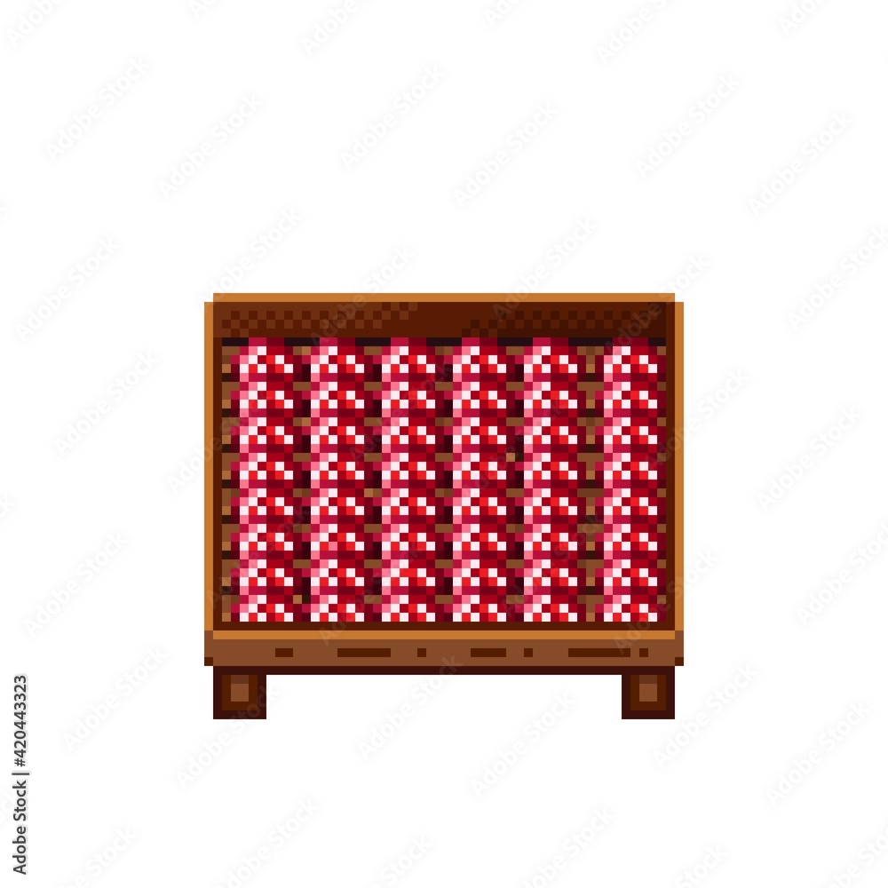 Vegetable shop pixel art. Mushrooms in a wooden crate. Mushrooms, food pixel art icon isolated on white background. Mushroom stall. Showcase with vegetable waste. Vector illustration. Vegetable shop pixel art. Mushrooms in a wooden crate. Mushrooms, food pixel art icon isolated on white background. Mushroom stall. Showcase with vegetable waste. Vector illustration.