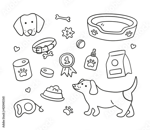 Set of dachshund, dog elements and canine accessories. Collar, leash, food, bad, ball, paw print. Hand drawn isolated vector illustration in doodle style on white background