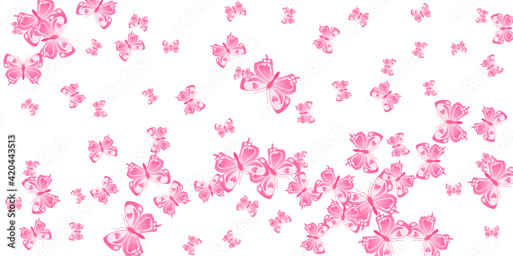 Romantic pink butterflies flying vector background. Spring cute insects. Decorative butterflies flying girly illustration. Sensitive wings moths patten. Fragile creatures.