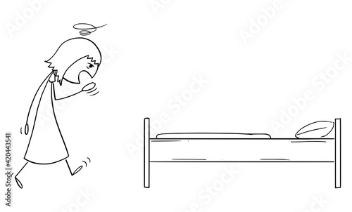 Tired Woman Going to Sleep in Bed, Vector Cartoon Stick Figure Illustration