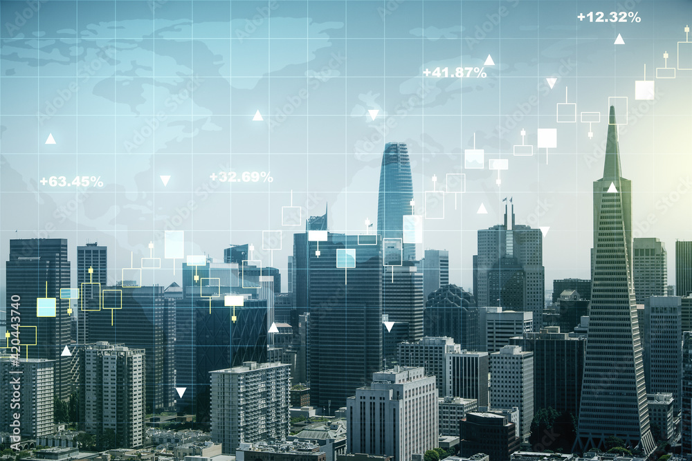 Multi exposure of virtual creative financial graph and world map on San Francisco city skyline background, forex and investment concept