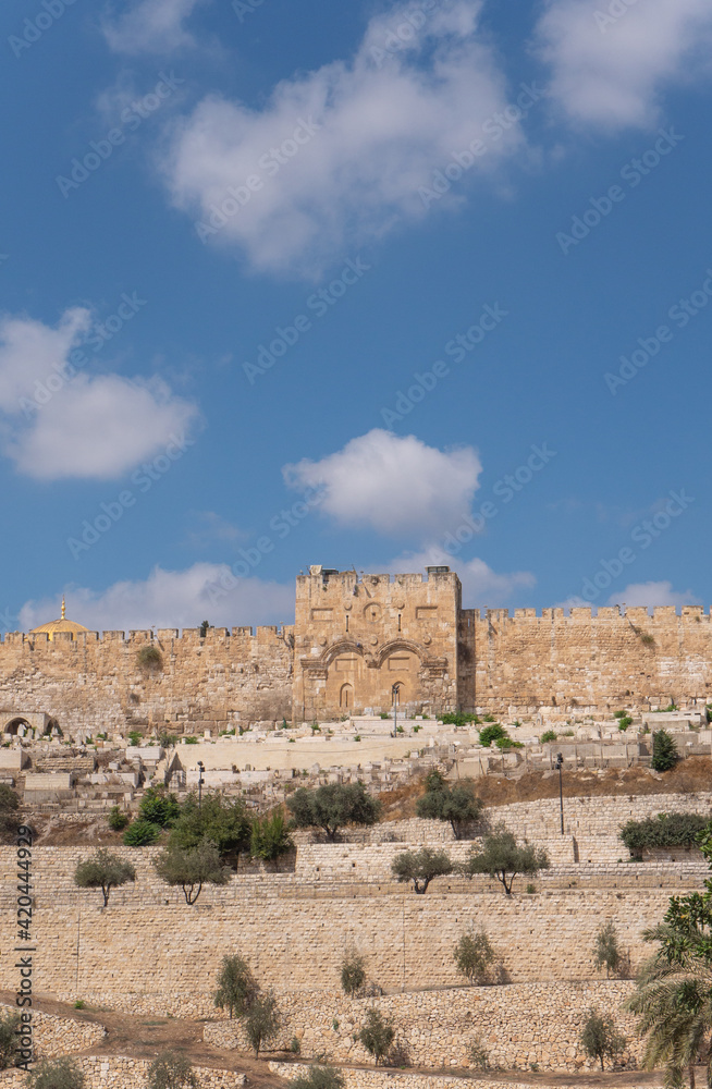 View of the Golden Gate or Gate of Mercy on the east-side of the Temple Mount of the Old City of Jerusalem, Israel