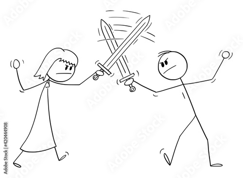 Man and Woman Fighting with Swords, Relationship Problem. Vector Cartoon Stick Figure Illustration