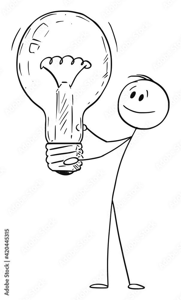 Idea, Man or Businessman Holding Light Bulb. Vector Cartoon Stick