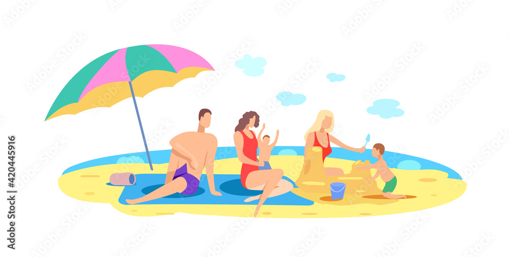 One man and two women with children are relaxing on the beach by the sea. Vector flat illustration