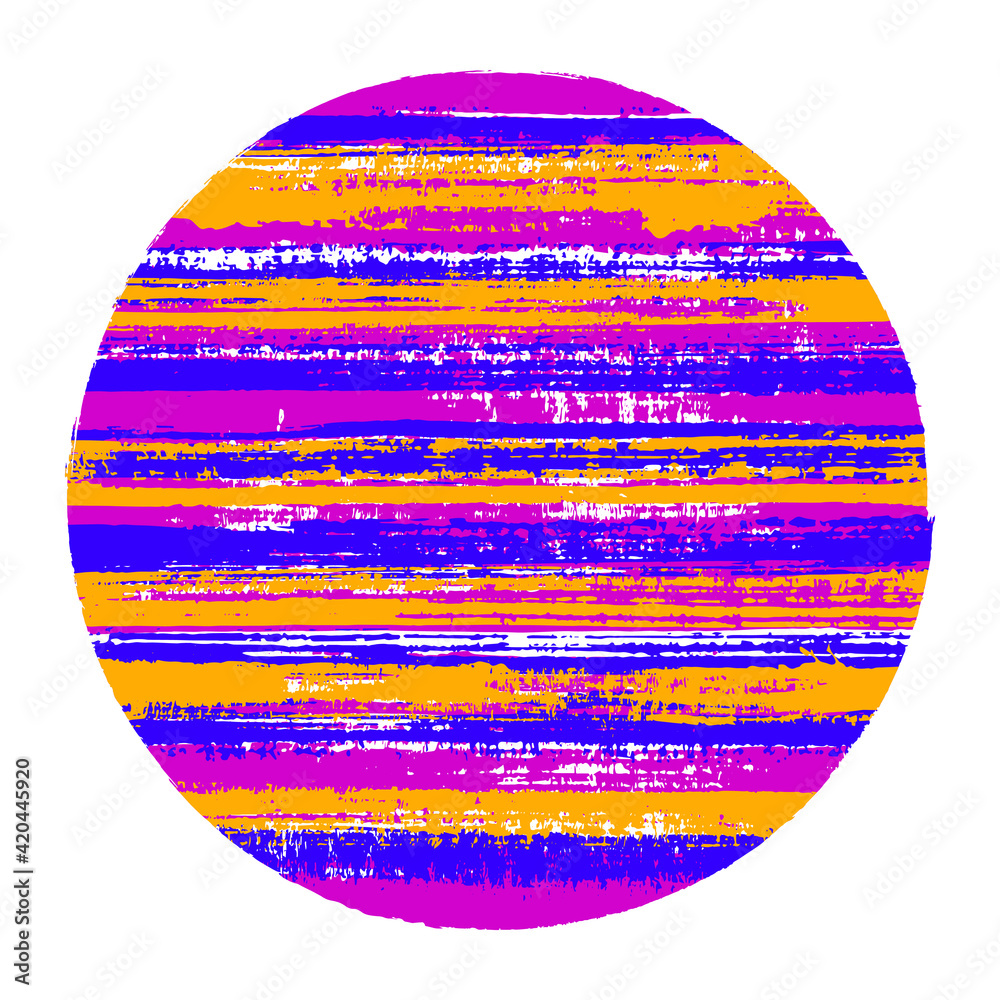 Abstract circle vector geometric shape with striped texture of paint horizontal lines. Old paint texture disc. Badge round shape logotype circle with grunge background of stripes.