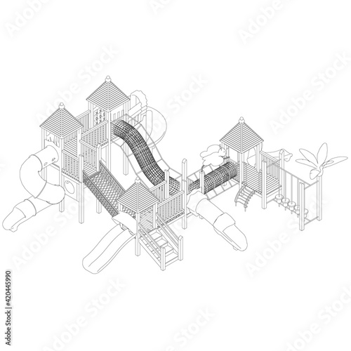 The outline of a large playground with various slides. Isometric view. Vector illustration