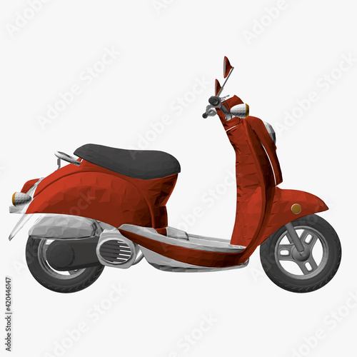 Polygonal red motor scooter isolated on white background. 3D. Side view. Vector illustration