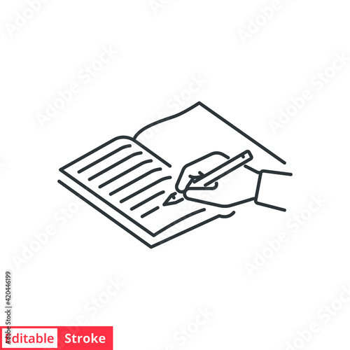 Write journal line icon. Simple outline style. Diary, author book, story, note, homework, hand and pen, sketch, write book. Vector illustration isolated on white background. Editable stroke EPS 10