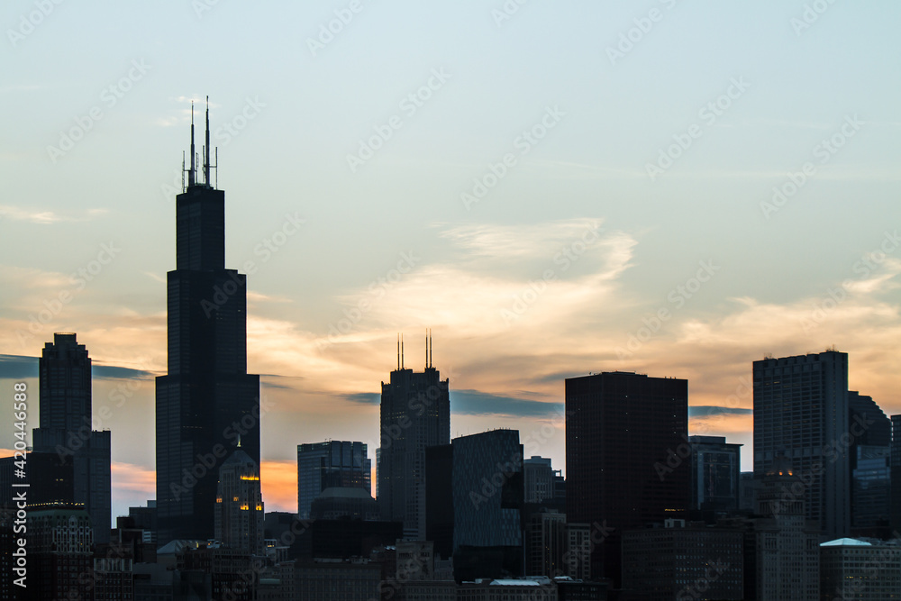 Chicago skyline on sunset sky background