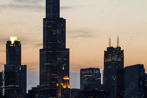 Chicago skyscrapers on sunset sky background