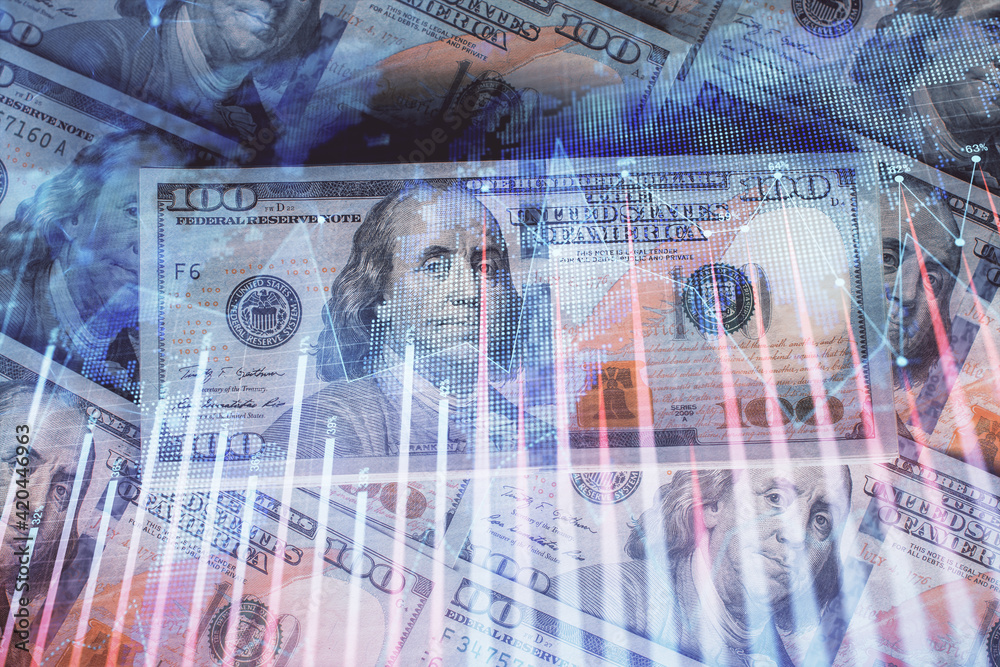 Fototapeta premium Multi exposure of forex chart drawing over us dollars bill background. Concept of financial success markets.