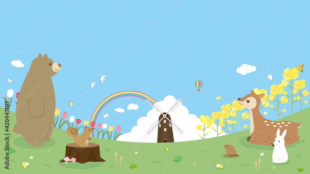 Fototapeta premium 春 自然 動物 カード 風景 背景 イラスト素材