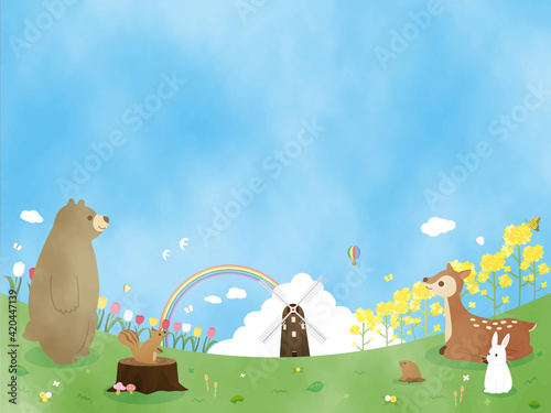 春　自然　動物　カード　風景　背景　水彩　イラスト素材