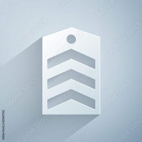 Paper cut Chevron icon isolated on grey background. Military badge sign. Paper art style. Vector