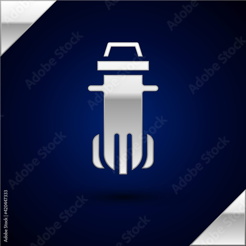 Silver Water filter icon isolated on dark blue background. System for filtration of water. Reverse osmosis system. Vector