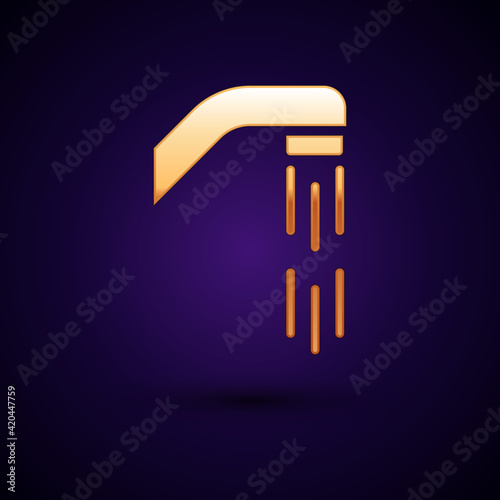 Gold Shower head with water drops flowing icon isolated on black background. Vector