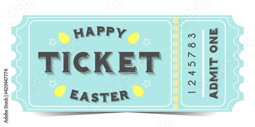 Easter holiday invitation card on white isolated background. Blue holiday ticket with Easter eggs. Vector graphics. Passover ticket for one person.