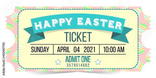Easter holiday invitation card on white isolated background. Seamless Easter pattern with eggs on the ticket. Vector graphics. Passover ticket for one person.