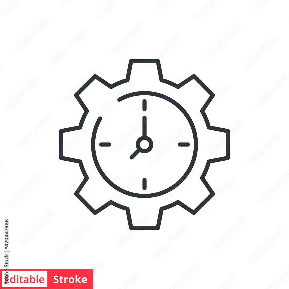 Gear with time line icon. Symple outline style. Cogwheel clock dial, development process logo, 24 hours concept symbol design. Vector illustration isolated on white background. Editable stroke EPS 10. Gear with time line icon. Symple outline style. Cogwheel clock dial, development process logo, 24 hours concept symbol design. Vector illustration isolated on white background. Editable stroke EPS 10.