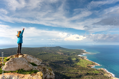 Tourist girl over Landscape of Akamas Peninsula National Park, Cyprus