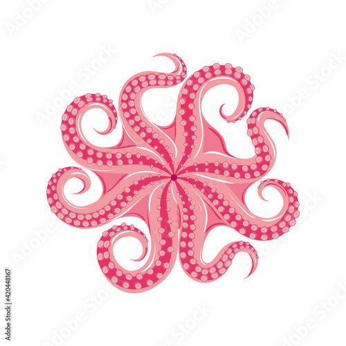Сooked octopus with tentacles in a spread. Seafood, healthy food, underworld, marine animals. Vector illustration, cartoon, icon, symbol, sign, sticker, print