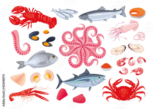 Collection of various seafood: fish, shellfish, crustaceans, octopus. Healthy fresh sea food. Sea creatures. Vector illustration, cartoon, icons, symbols, signs, stickers, poster, banner