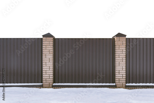 Metal fence and snow isolated on white.