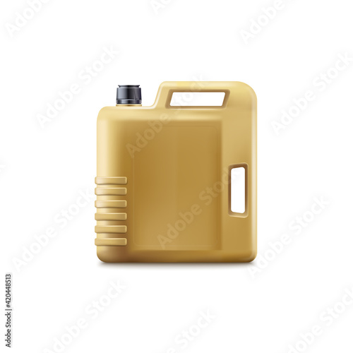 Realistic gold engine oil plastic bottle mockup. Car fuel industry