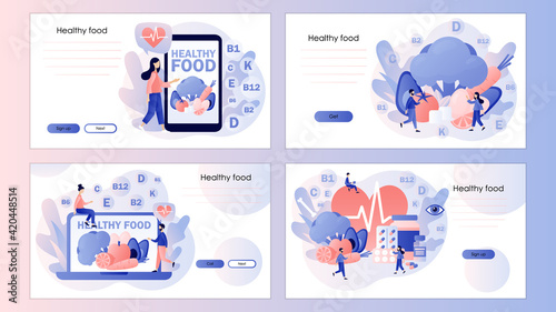 Healthy food concept. Tiny people consume healthy organic nutrition with vitamins. Screen template for mobile smart phone, landing page, template, ui, web, mobile app, poster, banner, flyer. Vector 