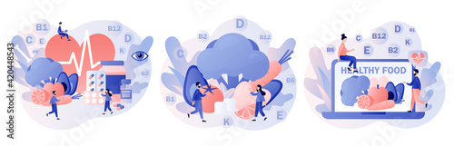 Healthy food concept. Tiny people consume healthy organic nutrition with vitamins. Nutritionist online. Modern flat cartoon style. Vector illustration on white background