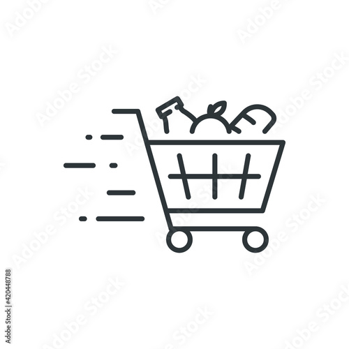 Shopping cart line icon. Simple outline style. Food and fruit full product cart, supermarket, basket checkout concept. Vector illustration isolated on white background. EPS 10.