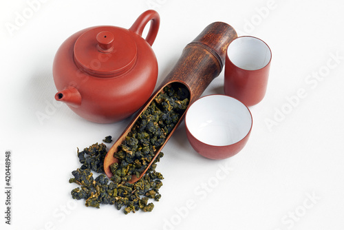Принти на полотні traditional сhinese teapot made of Yixing clay, oolong Li shan tea, tea wooden