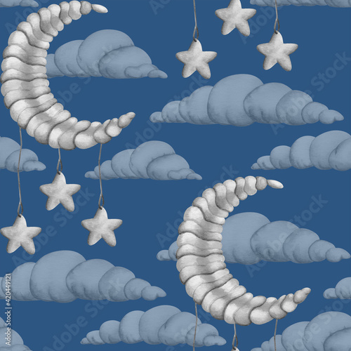 Pettern made of black and white moon, stars and clouds on a blue background. Seamless pattern, painted with watercolor