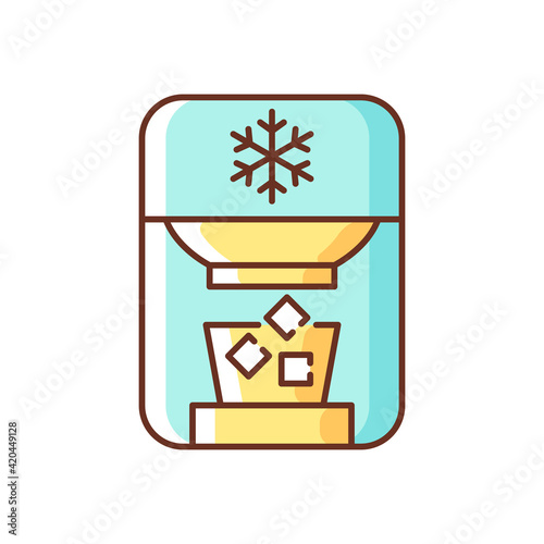 Ice maker RGB color icon. Freezer device. Cooler gadget. Electric machine for household. Countertop refrigerator. Small kitchen appliance. Ice cubes in bucket. Isolated vector illustration