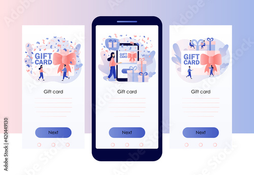 Gift card, certificate, voucher or coupon. Promotion strategy concept. Sale, loyalty program, bonus, marketing. Screen template for mobile smart phone. Modern flat cartoon style. Vector illustration