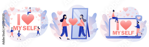 Love yourself. Love your body. I love myself - big text. Bodypositive concept. Tiny lady expressing self love and care. Modern flat cartoon style. Vector illustration on white background
